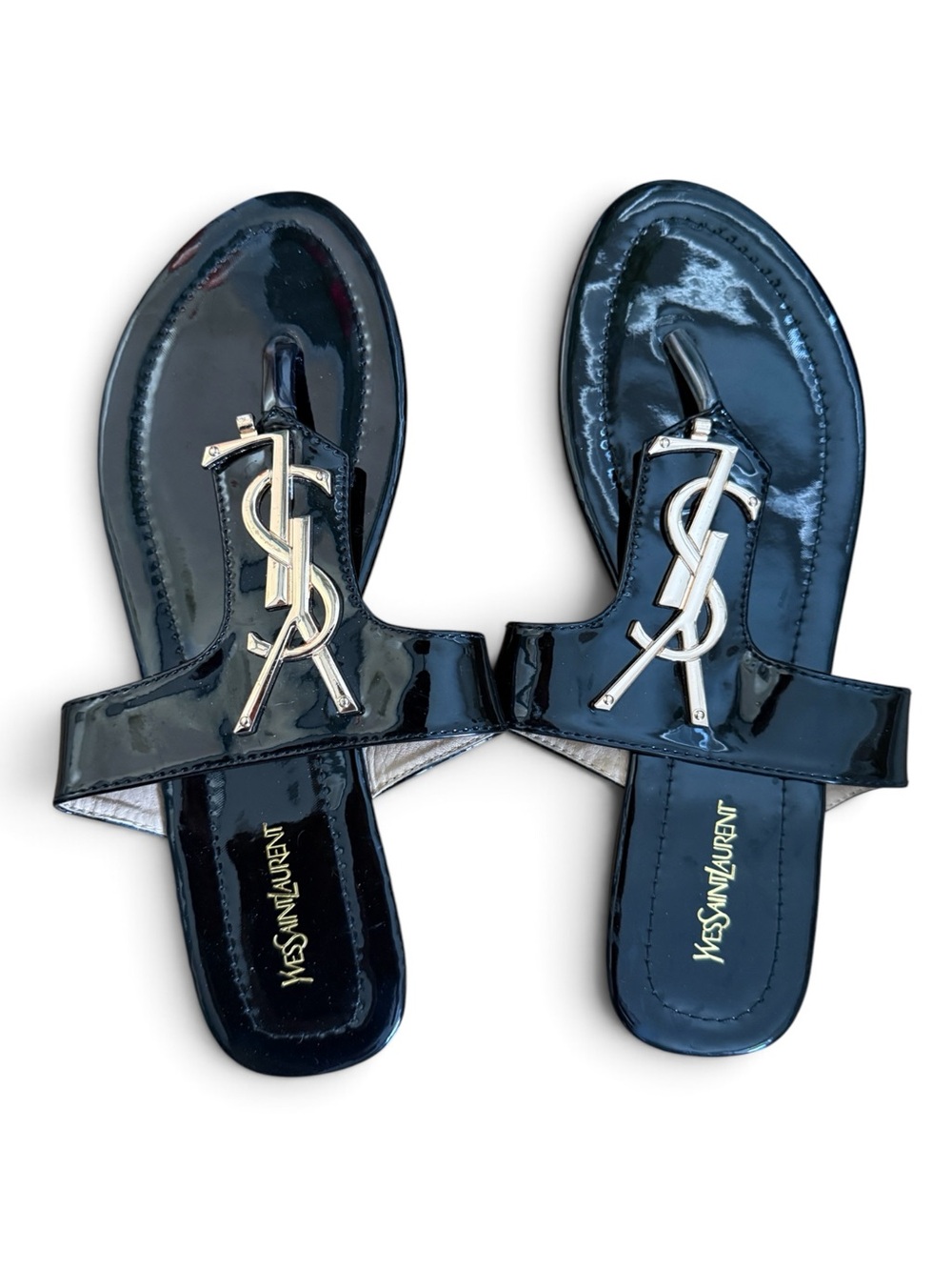 Yves Saint Laurent YSL Black Patent Logo Thong Sandals EU 41 Y2K